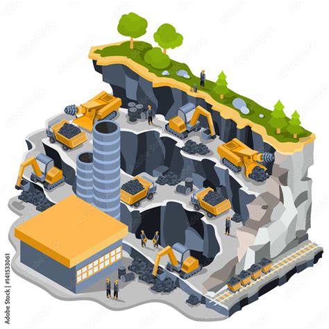 Vector 3D Isometric Illustration Of A Coal Mine With Miners Excavators