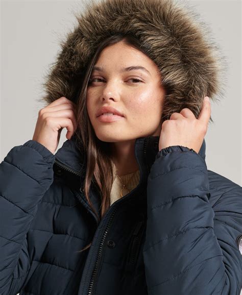 Womens Faux Fur Hooded Mid Length Puffer Jacket In Eclipse Navy Superdry Ca En