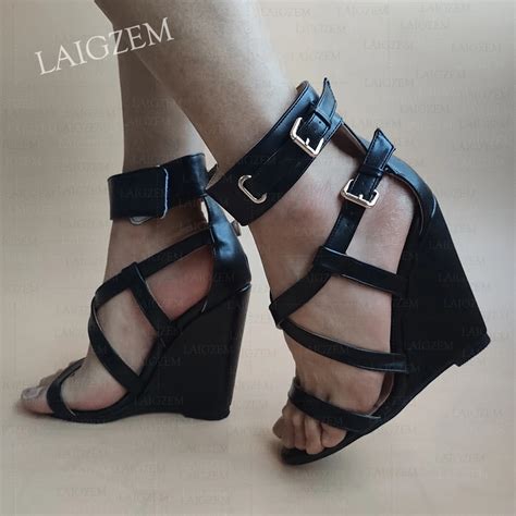 Zhima Women Sandals Wedges Open Toe Faux Leather High Heels Pumps