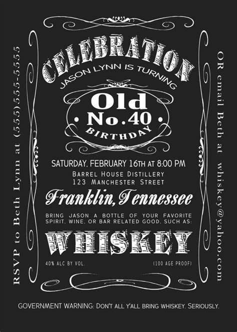 40th Birthday Jack Daniels Whiskey Label Printable Invitation 5x7 By