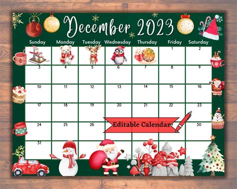 Editable December 2023 Calendar Fillable Printable Merry Etsy