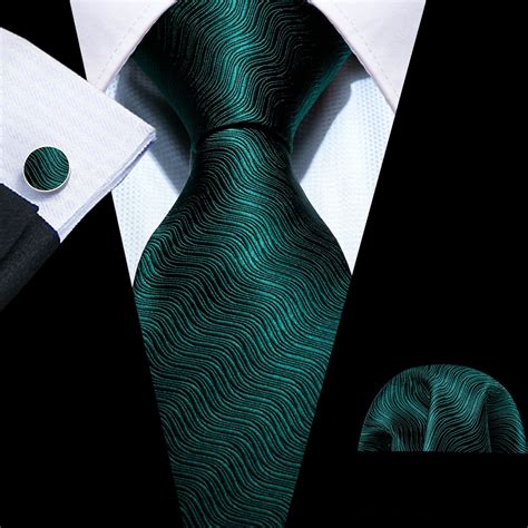 Novelty Green Geometric Solid Silk Tie Hanky Cufflinks Set Silk Ties Cufflink Set Green