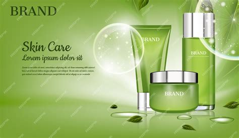 Premium Vector Skincare Set With Green Leaves And Big Bubbles Vector