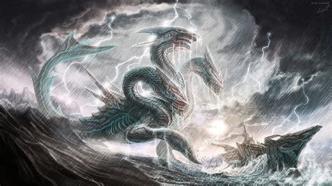 Sea dragon, 3 heads, lightning, storm, clouds, Fantasy, HD wallpaper ...