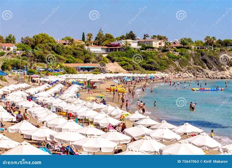 PAPHOS, CYPRUS - JULY 24, 2016: Coral Bay Beach, One of the Best Sandy ...