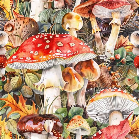 Watercolor Mushrooms Seamless Pattern Autumn Mushroom Painting