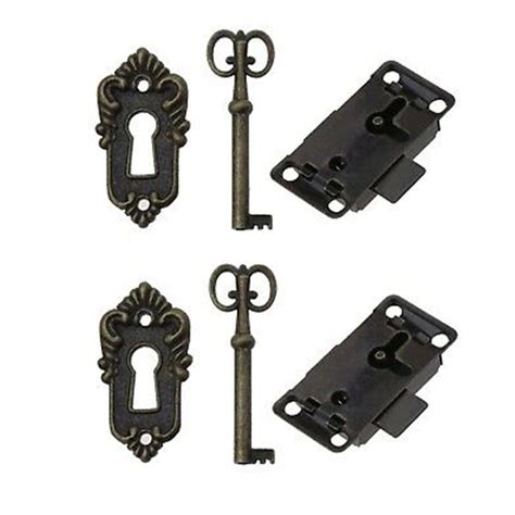 2 X Vintage Cabinet Door Lock Set Key Decorative Cover Curio Antique