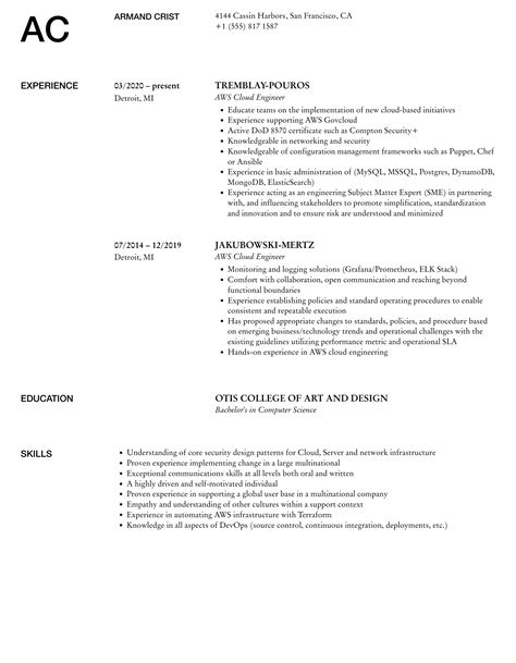 Aws Cloud Engineer Resume Samples Velvet Jobs