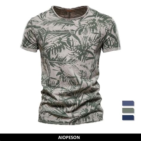 Aiopeson Hawaii Style Cotton T Shirt Men O Neck Print Shirt