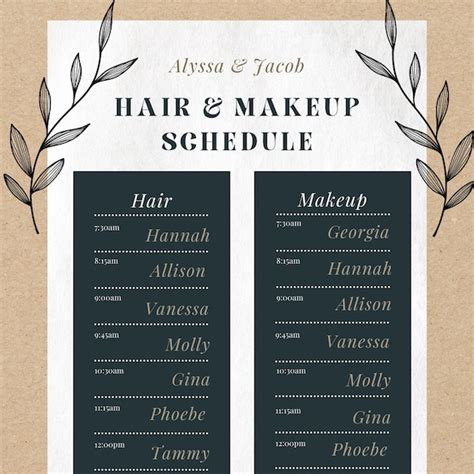 Wedding Hair And Makeup Timeline Template Etsy