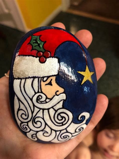 Santa Painted Rock With Metallic Star With Images Rock Painting