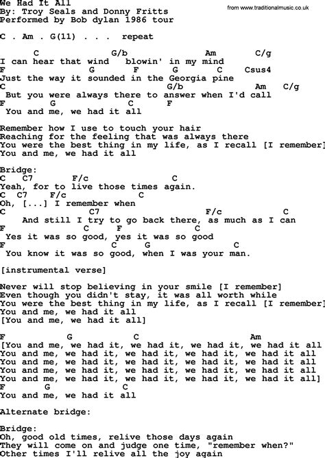 Bob Dylan Song We Had It All Lyrics And Chords