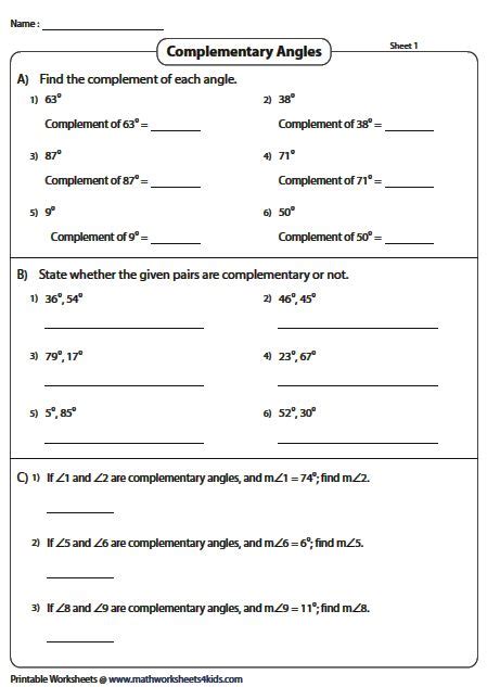 Complementary and Supplementary Angles Worksheets | Complementary ...