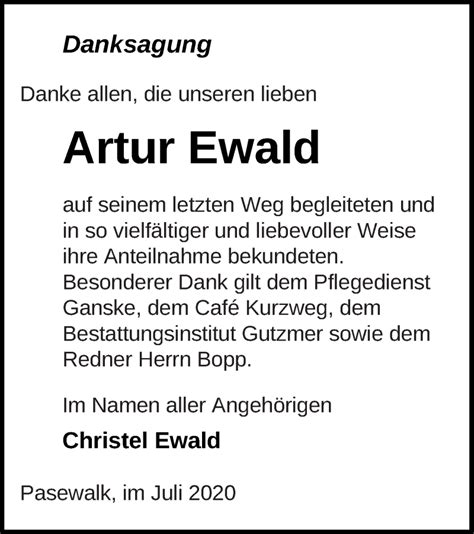 Traueranzeigen Von Artur Ewald Trauer Nordkurier