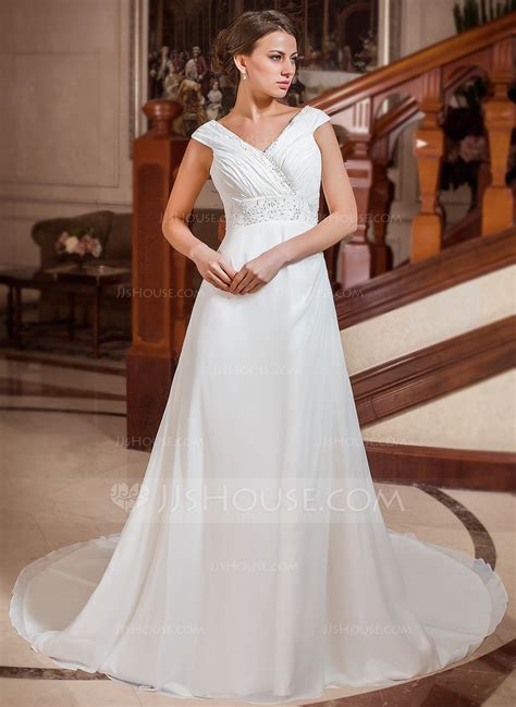 A Line Princess V Neck Chapel Train Chiffon Wedding Dress With Ruffle