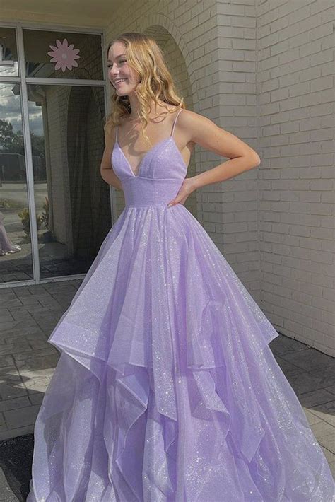 Shiny V Neck Fluffy Purple Long Prom Dress Long Purple Formal Evening