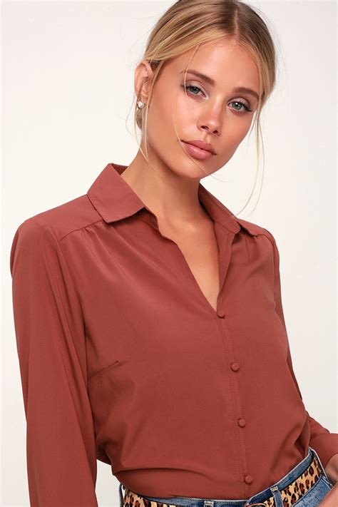 Chic Rusty Rose Top Long Sleeve Top Long Sleeve Button Up Top Lulus