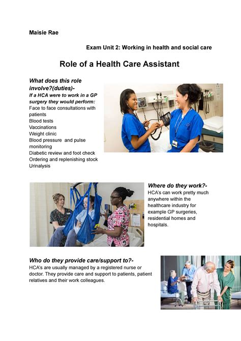 Role Of A Health Care Assistant Maisie Rae Exam Unit 2 Working In