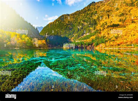 Five Flower Lake at autumn sunrise time. Jiuzhaigou nature reserve ...