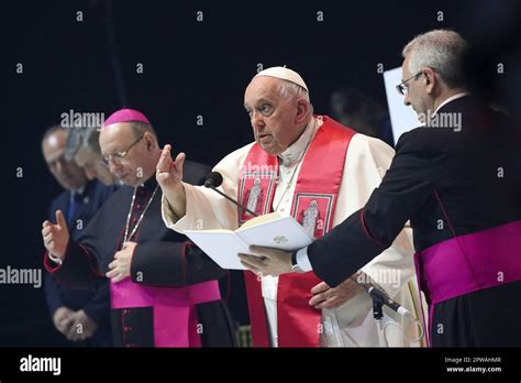 Budapest Hungary Th Apr Pope Francis Attends A Meeting With