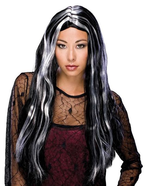 Grey Streaked Long Black Witch Costume Wig Compliment Your Costume With