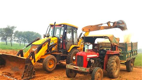 Jcb 3Dx Eco Machine Loaded Mud In Trolly 2 Massey 1035 Tractor Eicher