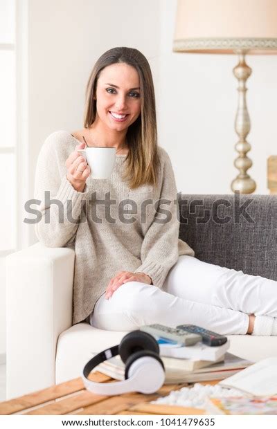 Portrait Relaxed Woman Drinking Something Hot Stock Photo 1041479635