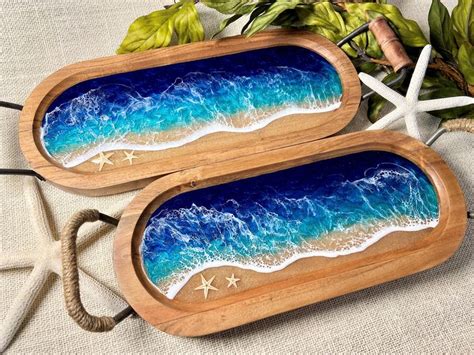 Coastal Catch All Tray Ocean Tray With Handles Resin Trinket Tray Beach