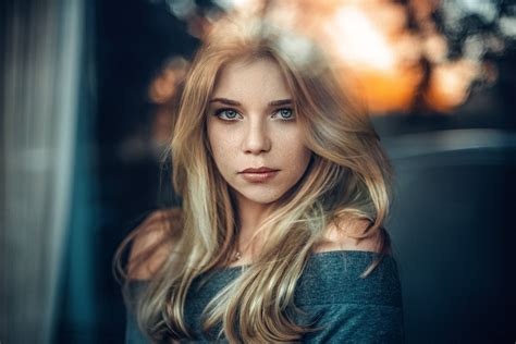 Freckles Blonde Wavy Hair Face Portrait Bare Shoulders Long Hair