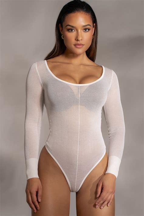 Ivory Nerida Sheer Knit Bodysuit Jluxlabel