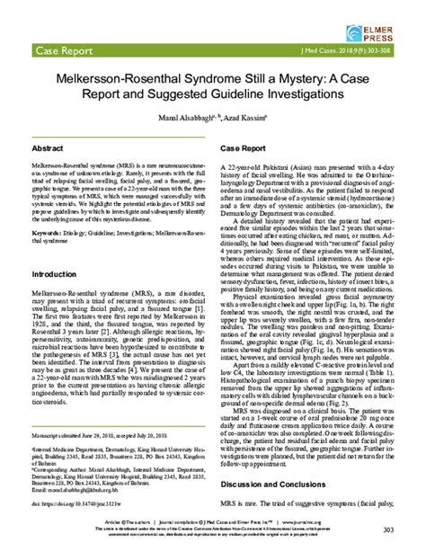 Pdf Melkersson Rosenthal Syndrome Still A Mystery A Case Report And