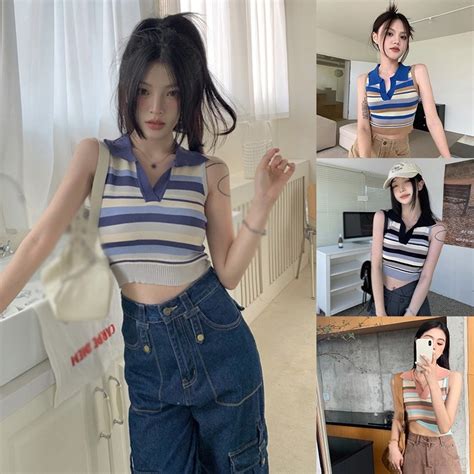 Womens Striped Knitted Crop Vest Korean Retro Contrast Color Polo Neck