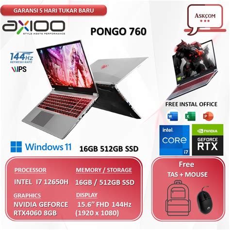 Jual Laptop Gaming Axioo Pongo 760 I7 12650H RTX4060 8GB 16GB 1TB SSD