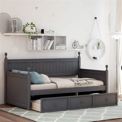 Solid Wood Twin Bed With Storage Daybed With Three Drawers