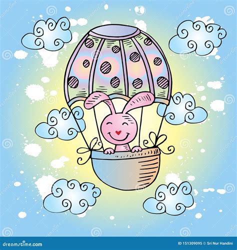 Cute Rabbit On Hot Air Balloon Stock Vector Illustration Of Cheerful Balloon