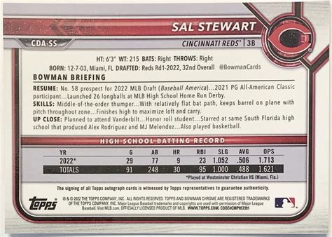 Sal Stewart Bowman Draft 1st Chrome Prospect AUTO On Card Cincinnati