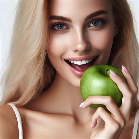 Premium Photo Caucasian Blonde Woman Eat Green Apple On White Background