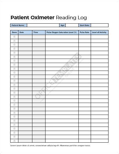 Patient Oximeter Reading Log Template Pulse Oximeter Medical