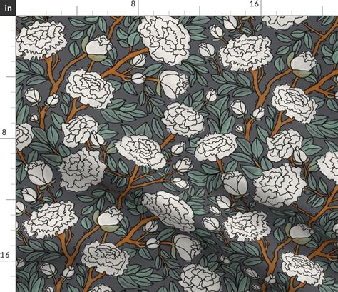 White Peonies On Charcoal Fabric Spoonflower