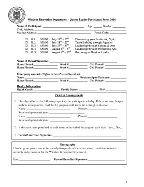 Fillable Online Town Windsor Ns Junior Leadership Registration Form