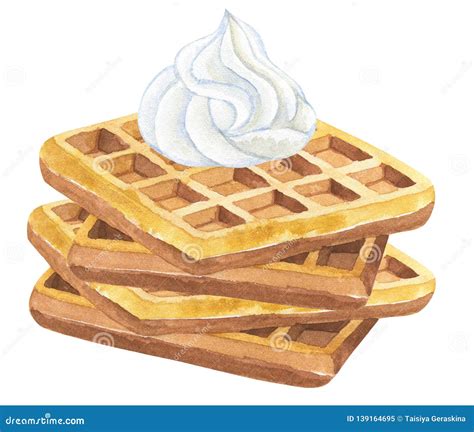 Belgian Waffles With Whipped Cream Hand Drawn Watercolor Illustration