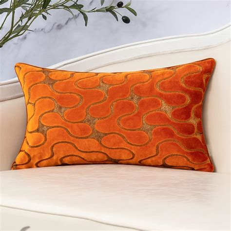 Yangest Burnt Orange Velvet Wave Lumbar Throw Pillow Cover Wavy Line