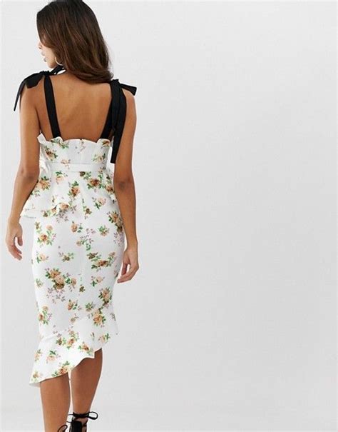 Asos Design Pleated Bodice Floral Midi Pencil Dress With Belt Asos