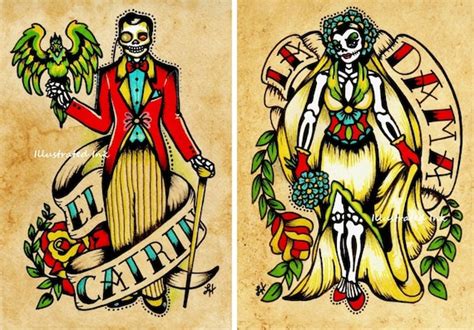 Day of the Dead Couple Art Prints Loteria La DAMA & El CATRIN | Etsy