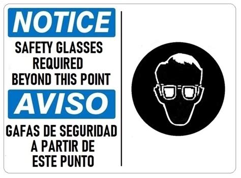 Bilingual Notice Sign Safety Glasses Required Beyond This Point