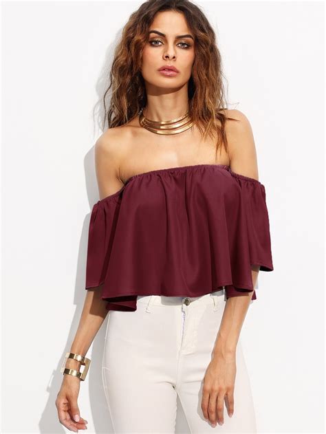 Burgundy Shirred Off The Shoulder Top EmmaCloth Women Fast Fashion Online