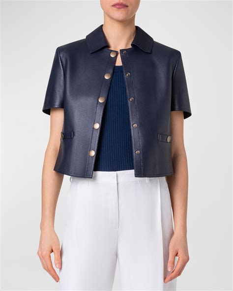 Akris Punto Short Sleeve Perforated Nappa Leather Crop Shirt Jacket