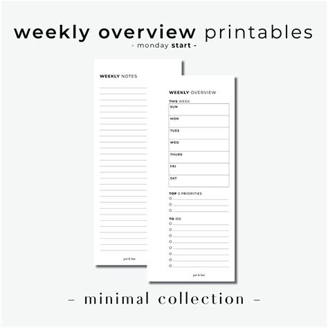 Printable Weekly Overview Half Page Insert Minimal Worksheets