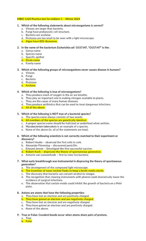 Practice Practice MBIO 1220 Practice Test For Midterm 1 Winter 2024