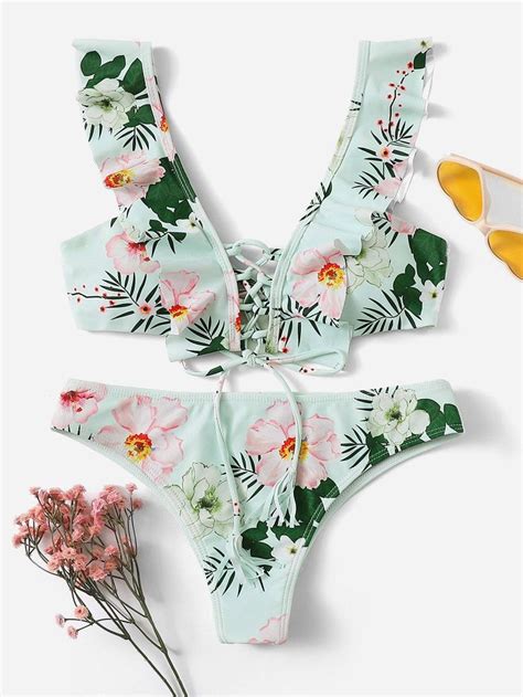 Floral Ruffle Tassel Lace Up Top With High Leg Bikini High Leg Bikini